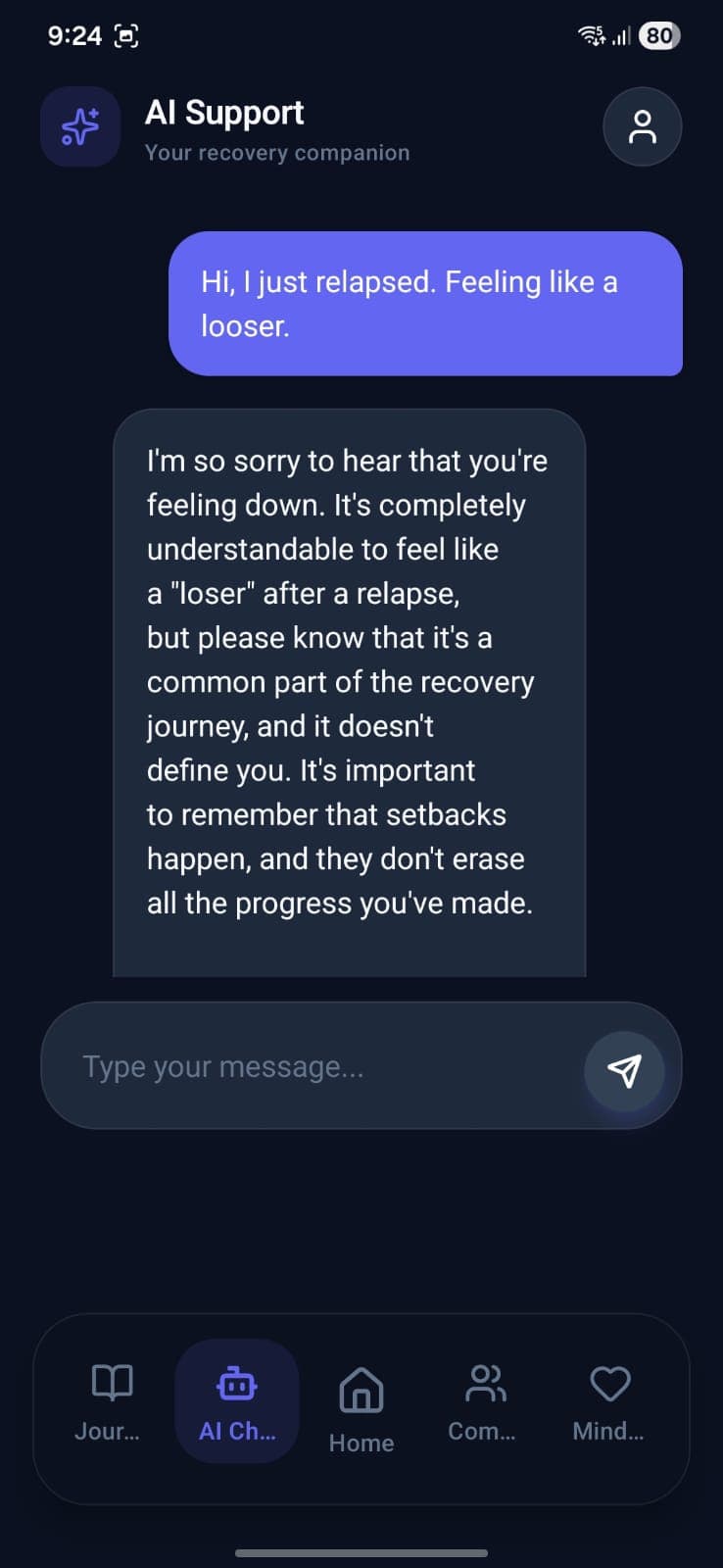 AI Support Chat, Credit-based recovery companion for coping strategies. Excessive use may require additional credits.